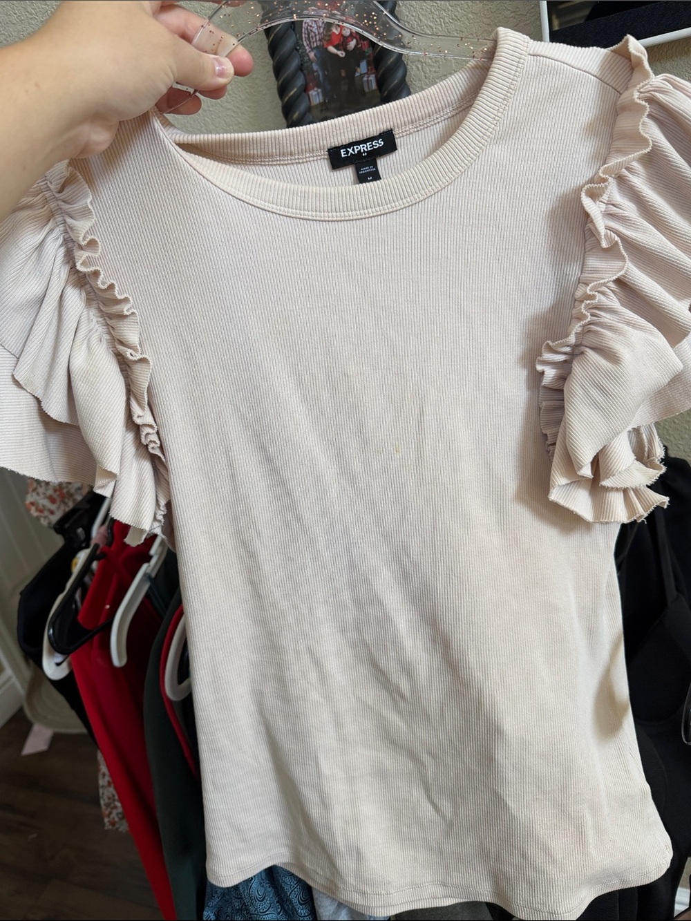 Express Cream Ruffle Sleeve Short-Sleeve Top - Picture 2 of 3